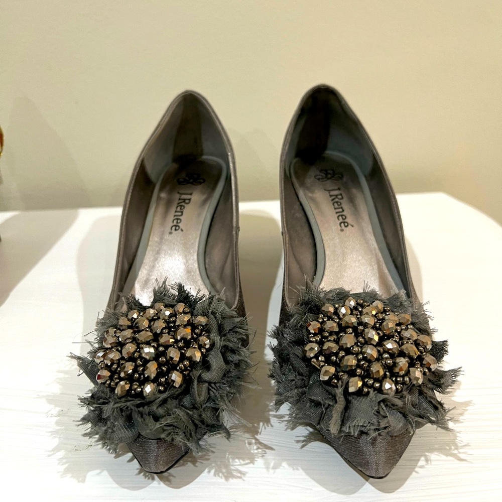 J.Renee gray dressy heels with sparkle toe embellishments